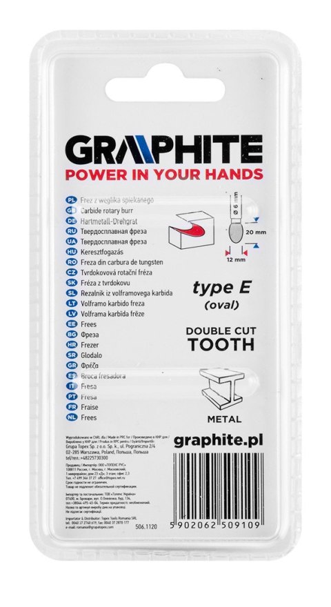 Frez do metalu HM, typ E (owalny), 12 x 20 mm, trzpień 6 x 45 mm Frez do metalu HM, typ E (owalny), 12 x 20 mm, trzpień 6 x 45 mm