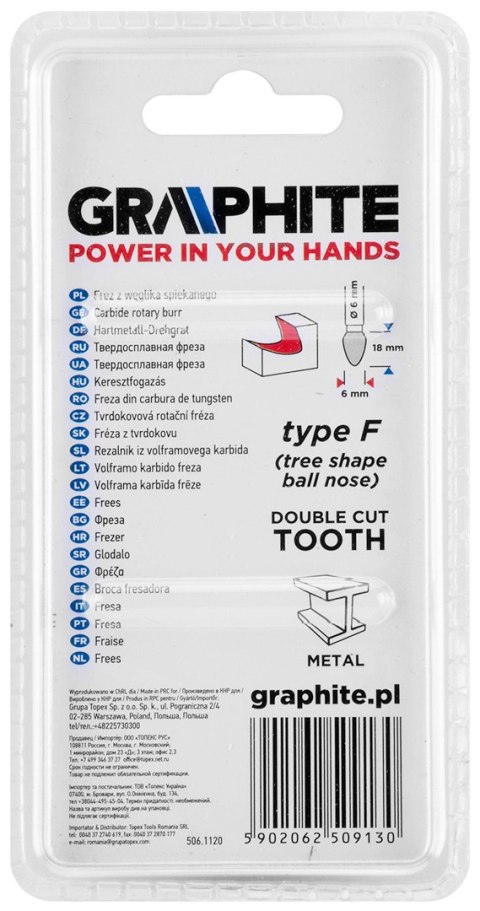 Frez do metalu HM, typ F (ostrołukowy zaokrąglony), 6 x 18 mm, trzpień 6 x 45 mm Frez do metalu HM, typ F (ostrołukowy zaokrąglony), 6 x 18 mm, trzpień 6 x 45 mm