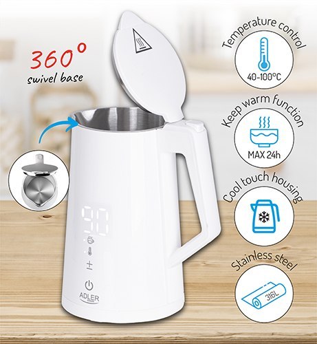 AD 1345 white Czajnik metalowy led z regulacją temperatury 1,7l strix