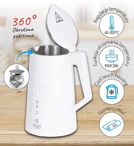 AD 1345 white Czajnik metalowy led z regulacją temperatury 1,7l strix
