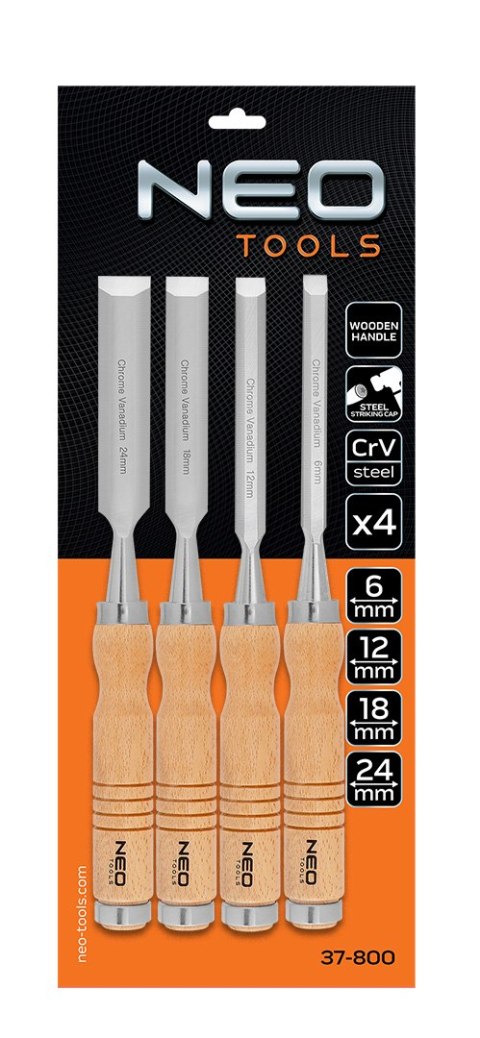 Dłuta 6, 12, 18, 24 mm, zestaw 4 szt., uchwyt drewniany