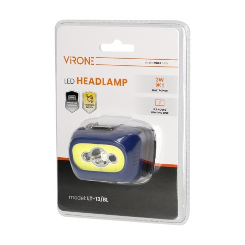 Latarka czołowa COB LED z czujnikiem ruchu, akumulatorowa, niebieska