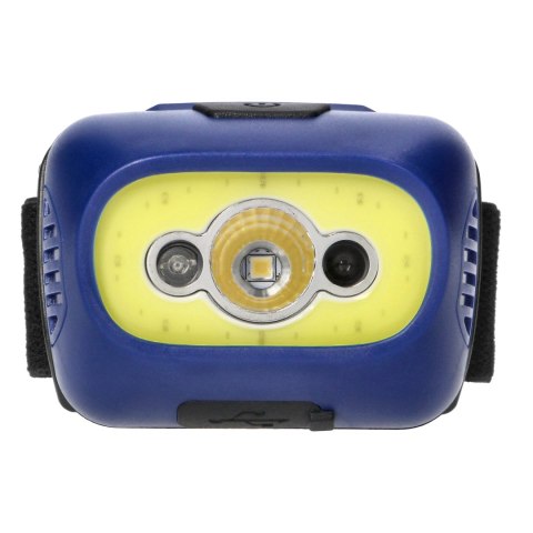 Latarka czołowa COB LED z czujnikiem ruchu, akumulatorowa, niebieska