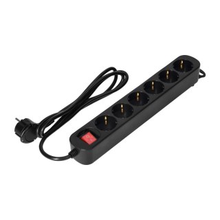 Przedłużacz 6-krotny 2P+Z(Schuko), z wyłącznikiem, 1,5m H05VV-F 3x1,0mm2, Imax=10A, płaska wtyczka, czarny