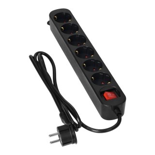 Przedłużacz 6-krotny 2P+Z(Schuko), z wyłącznikiem, 1,5m H05VV-F 3x1,0mm2, Imax=10A, płaska wtyczka, czarny