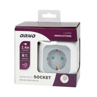 Przedłużacz 4x2P+Z (Schuko), ładowarka USB A+C, Quick charge, 1,4m H05VV-F 3x1,5mm?, szary