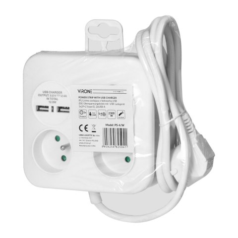 Kwadratowa listwa zasilająca z ładowarką USB 3x2P+Z, 2xUSB-A, kabel 3x1,0mm2, 1,4m