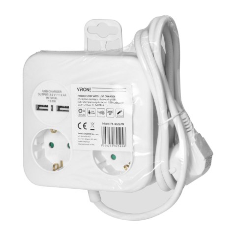 Kwadratowa listwa zasilająca z ładowarką USB 3x2P+Z (Schuko), 2xUSB-A, kabel 3x1,5mm2, 1,4m