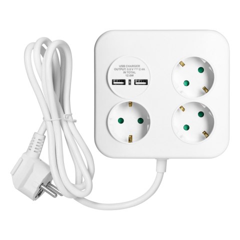 Kwadratowa listwa zasilająca z ładowarką USB 3x2P+Z (Schuko), 2xUSB-A, kabel 3x1,5mm2, 1,4m