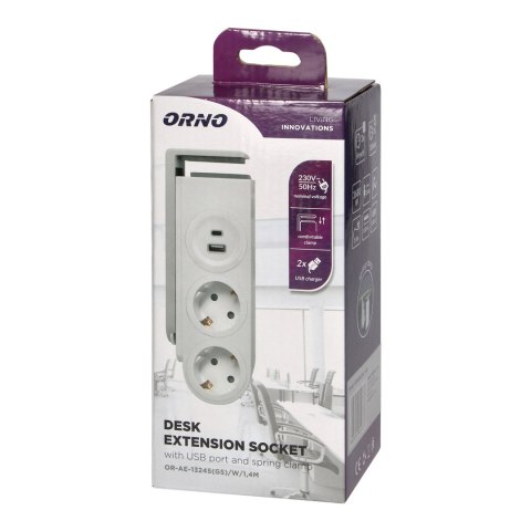 Listwa zasilająca biurkowa typu Schuko z ładowarką USB i sprężynowym zaciskiem mocującym