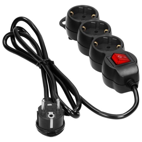 Przedłużacz 3-krotny 2P+Z (Schuko) , z wyłącznikiem, 3m H05VV-F 3x1,5mm2, Imax=16A, płaska wtyczka, czarny