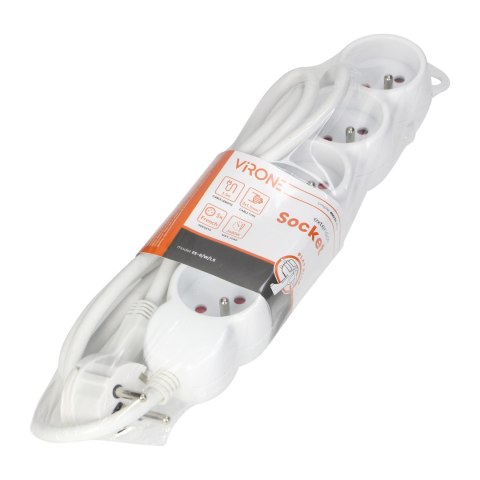 Przedłużacz 5-krotny 2P+Z, 1,5m H05VV-F 3x1,5mm2 , Imax=16A, płaska wtyczka, biały