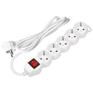 Przedłużacz 5-krotny 2P+Z (Schuko), z wyłącznikiem, 3m H05VV-F 3x1,5mm2, Imax=16A, płaska wtyczka, biały
