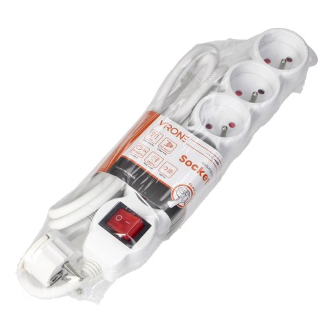 Przedłużacz 5-krotny 2P+Z, z wyłącznikiem, 3m H05VV-F 3x1,5mm2, Imax=16A, płaska wtyczka, biały