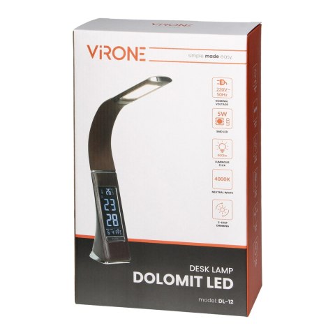 DOLOMIT LED 5W, lampka biurkowa z budzikiem, 300lm, 4000K, czarna DOLOMIT LED 5W, lampka biurkowa z budzikiem, 300lm, 4000K, czarna