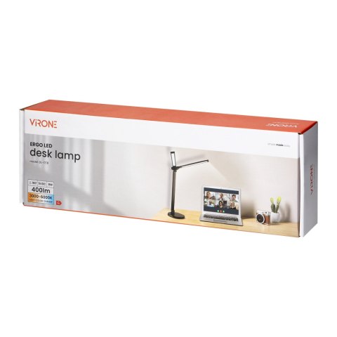 ERGO LED, lampka biurkowa z ładowarką USB, 8W, 400lm, 3000-4000-6000K, zmiana barwy światła, funkcja ściemniania, czarna