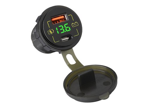 75-699# Ładowarka samochodowa montażowa usb+usb-c m18a woltomierz