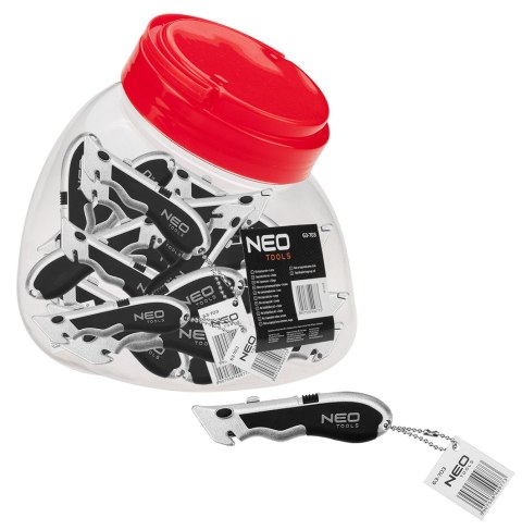 Nóż trapezowy mini + 4 ostrza w słoiku, wielokrotność 30 szt. Nóż trapezowy mini + 4 ostrza w słoiku, wielokrotność 30 szt.