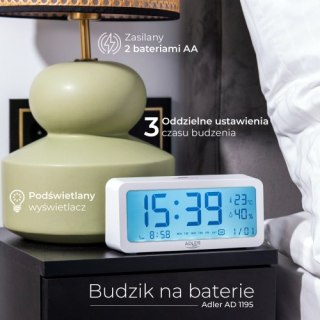 AD 1195 white Budzik na baterie - biały