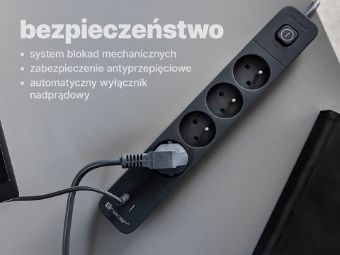 Listwa zasilająca antyprzepięciowa TRACER Power Line+ mobile ready 1.5 m (4 gniazda + 1x USB A+ 1x Type C, PD18W)