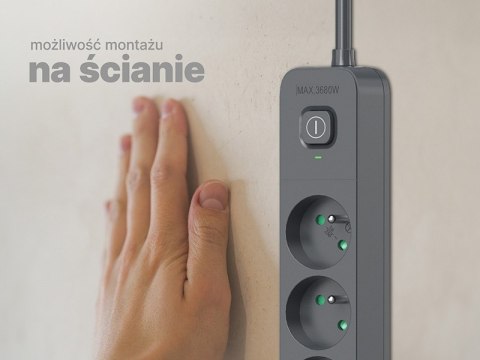 Listwa zasilająca antyprzepięciowa TRACER Power Line+ mobile ready 1.5 m (4 gniazda + 1x USB A+ 1x Type C, PD18W)