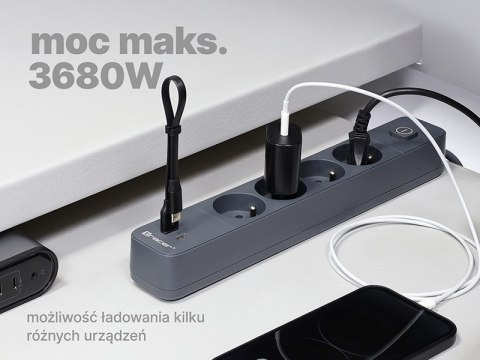 Listwa zasilająca antyprzepięciowa TRACER Power Line+ mobile ready 1.5 m (4 gniazda + 1x USB A+ 1x Type C, PD18W)
