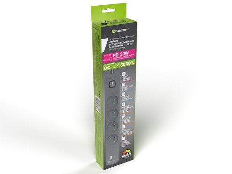 Listwa zasilająca antyprzepięciowa TRACER Power Line+ mobile ready 1.5 m (4 gniazda + 1x USB A+ 1x Type C, PD18W)