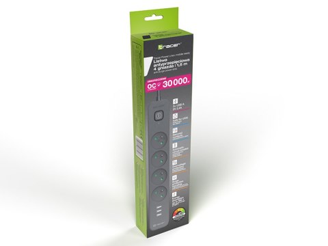 Listwa zasilająca antyprzepięciowa TRACER Power Line+ mobile ready 1.5 m (4 gniazda + 3x USB A, 5V 2,4A)