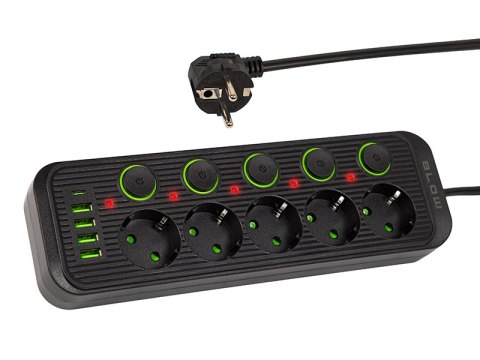 98-208# Przedłużacz sieciowy ps-530s 5-gniazd 4xusb 1xusb-c 3m czarny 3x1mm