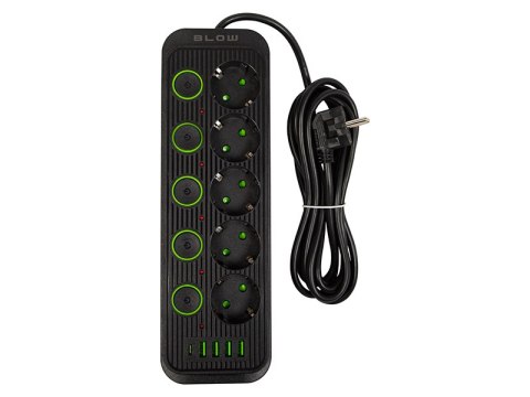 98-208# Przedłużacz sieciowy ps-530s 5-gniazd 4xusb 1xusb-c 3m czarny 3x1mm