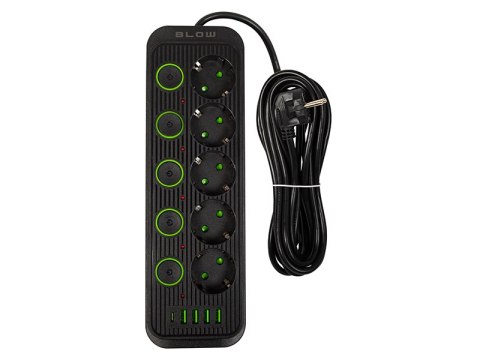 98-209# Przedłużacz sieciowy ps-550s 5-gniazd 4xusb 1xusb-c 5m czarny 3x1mm