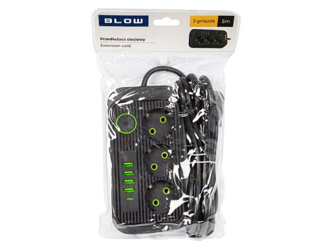 98-235# Przedłużacz sieciowy ps-350u 3-gniazda 4xusb 1xusb-c 5m czarny 3x1mm