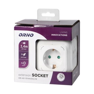 Przedłużacz 4 krotny 2P+Z (Schuko), ładowarka 2xUSB, 1,4m H05VV-F 3x1,5mm2, biały