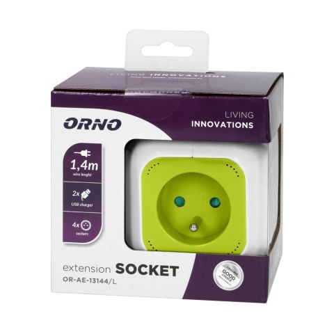 Przedłużacz 4-krotny z ładowarką 2xUSB 1,4m limonkowy