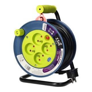 Przedłużacz bębnowy MINI, 4 gniazda 2P+Z, metalowy stojak, polwinit H05VV-F 3x1mm? , długość 15m, limonkowy