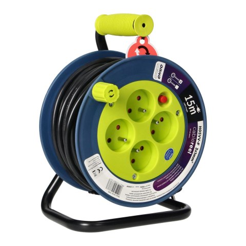 Przedłużacz bębnowy MINI, 4 gniazda 2P+Z, metalowy stojak, polwinit H05VV-F 3x1mm? , długość 15m, limonkowy