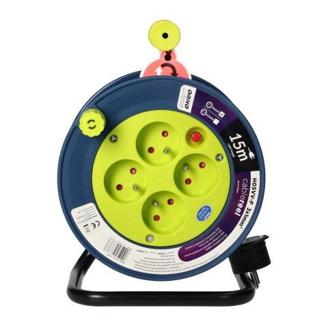 Przedłużacz bębnowy MINI, 4 gniazda 2P+Z, metalowy stojak, polwinit H05VV-F 3x1mm? , długość 15m, limonkowy