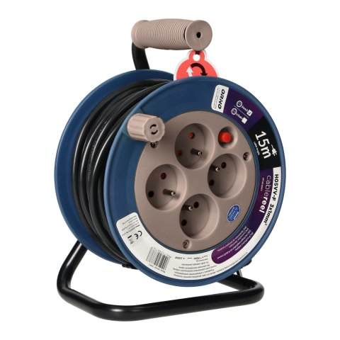 Przedłużacz bębnowy MINI, 4 gniazda 2P+Z, metalowy stojak, polwinit H05VV-F 3x1mm? , długość 15m, szary