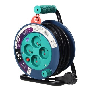 Przedłużacz bębnowy MINI, 4 gniazda 2P+Z, metalowy stojak, polwinit H05VV-F 3x1mm?, długość 15m, turkusowy