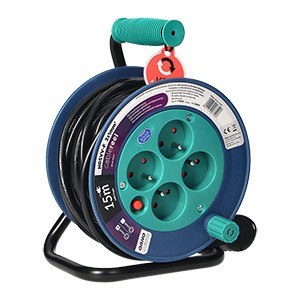 Przedłużacz bębnowy MINI, 4 gniazda 2P+Z, metalowy stojak, polwinit H05VV-F 3x1mm?, długość 15m, turkusowy