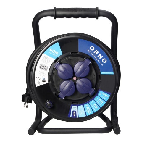 Przedłużacz bębnowy profesjonalny IP44, 4 gniazda 2P+Z (Schuko), kabel gumowy olejoodporny, H07RN-F 3x2,5mm?, długość 40m, unika