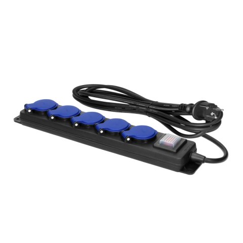 Przedłużacz warsztatowy bryzgoszczelny z wyłącznikiem, 5 gniazd 2P+Z, IP44, przewód gumowy, H05RR-F 3x1,5mm?, długość 5m