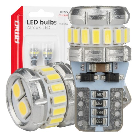 Żarówki led canbus t10 w5w 16smd 2smd 3014 3030 white 12v 24v amio-04260