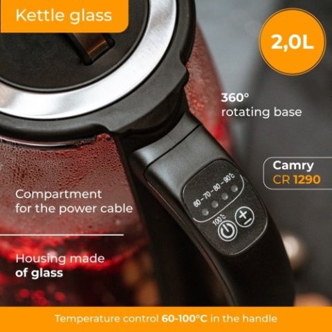 CR 1290 black Czajnik szklany 2,0 l z zaparzaczem oraz regulacją temp.