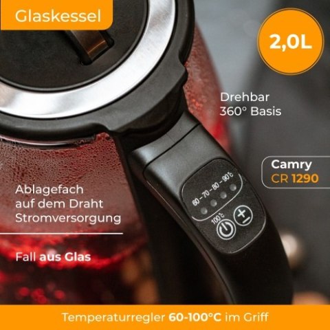 CR 1290 black Czajnik szklany 2,0 l z zaparzaczem oraz regulacją temp.