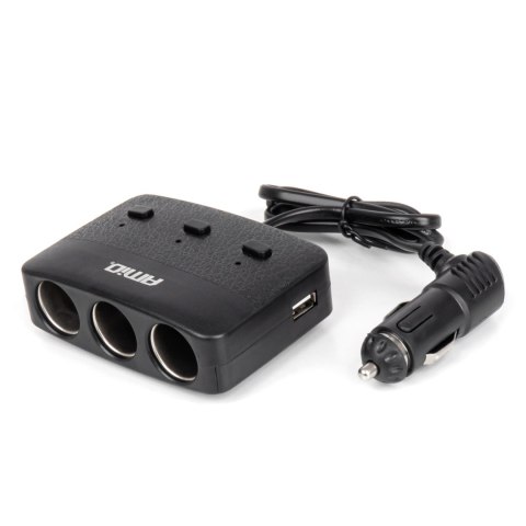 Rozdzielacz gniazda zapalniczki z ładowarką 2x usb-a on/off led 12v 24v 100w 70cm amio-04363