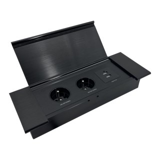 Gniazdo meblowe wpuszczane w blat z płaskim frezowanym rantem, uchylną klapką, ładowarką USB i przewodem 1,5m, 2x2P+Z (French), 