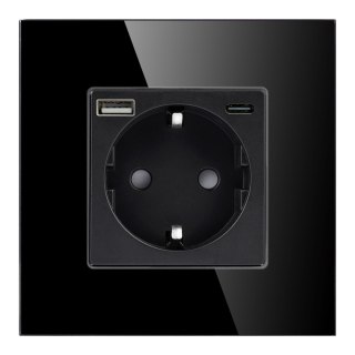 Gniazdo pojedyncze 2P+Z, Schuko, USB-A + USB-C, wyjście 5VDC max. 3A, czarny