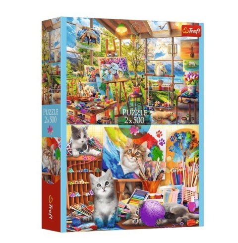 Puzzle 2x500 elementów sztuka malowania kotki Puzzle 2x500 elementów sztuka malowania kotki