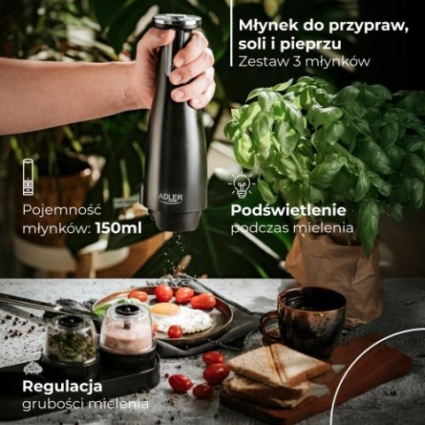 AD 4449 black Młynek do przypraw, soli i pieprzu - zestaw 3 młynków - usb
